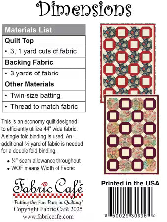 Fabric Cafe 3-Yard Quilt Pattern - Dimensions