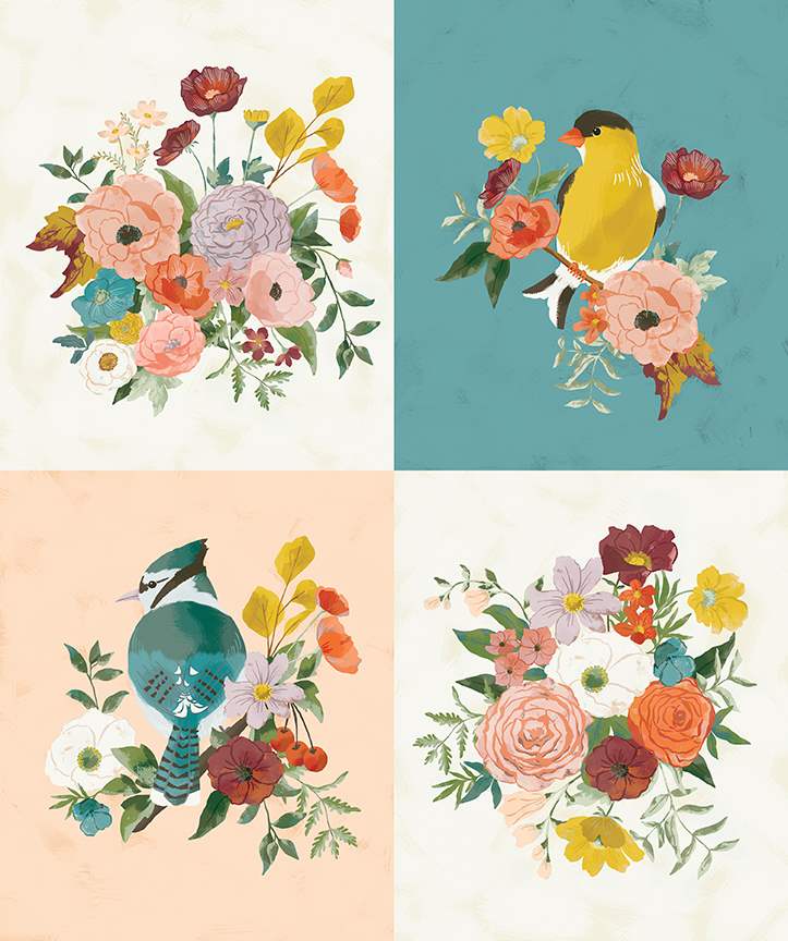 Winged Medley Birds and Bouquets Panel